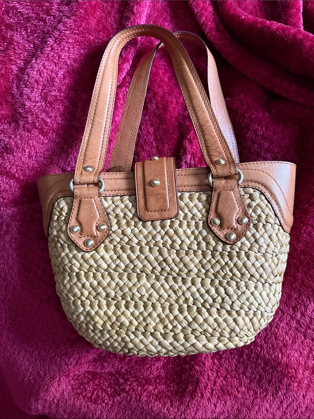 Michael Kors Basket Weave Straw Mini Tote with Tan Leather Trim.